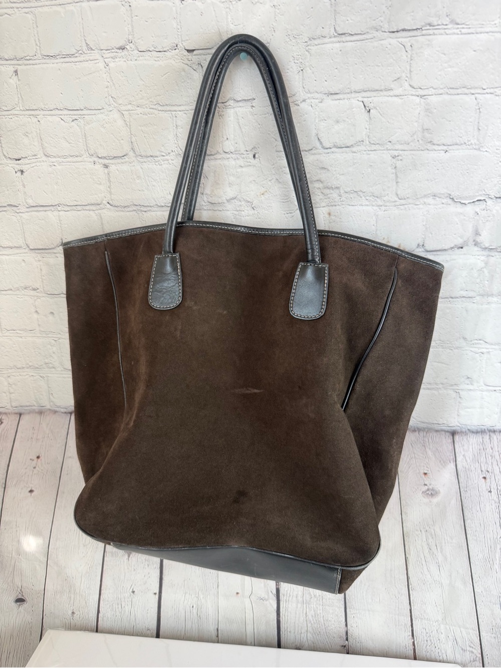 J.Crew Classic Dark Brown Suede Tote with Contrast Trim